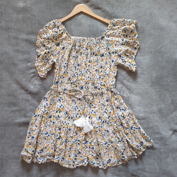 Cream and Blue Ruched Ruffle Mini Sundress - Picture 4 of 4